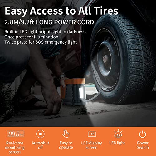TANTRA MTS-36 Tire Inflator Portable Air Compressor, 12V DC 150PSI Tire Pump with Digital Pressure Gauge and LED Light, Auto Shut Off, Orange - Image 5