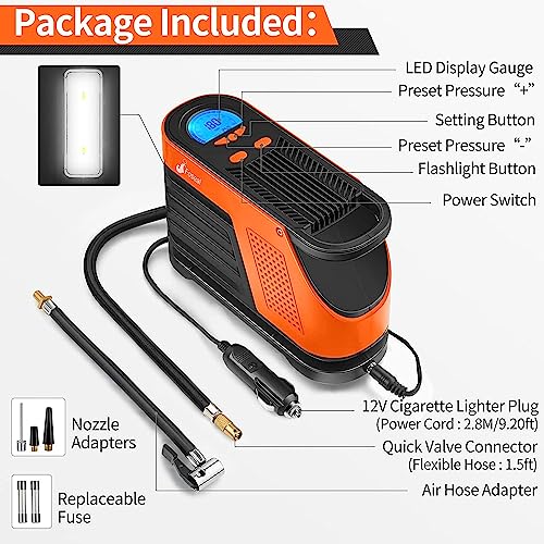 TANTRA MTS-36 Tire Inflator Portable Air Compressor, 12V DC 150PSI Tire Pump with Digital Pressure Gauge and LED Light, Auto Shut Off, Orange - Image 4