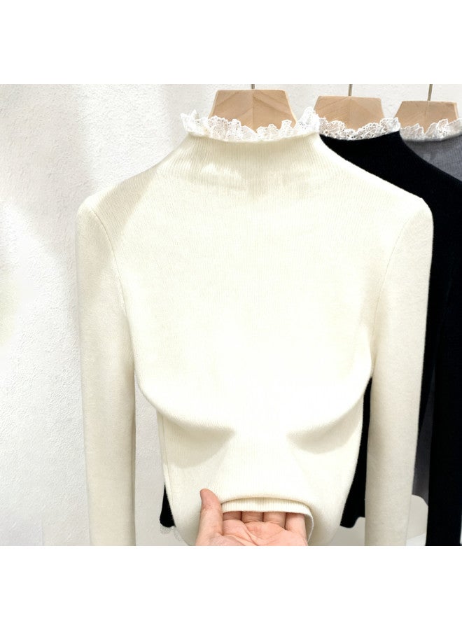 PLANDOO Lace Trimmed Half-High Neck Knitted Base Shirt Women'S Autumn Winter Sweet Layering Top - Image 2