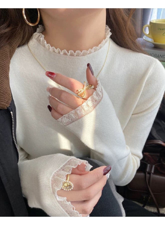 PLANDOO Lace Trimmed Half-High Neck Knitted Base Shirt Women'S Autumn Winter Sweet Layering Top - Image 1