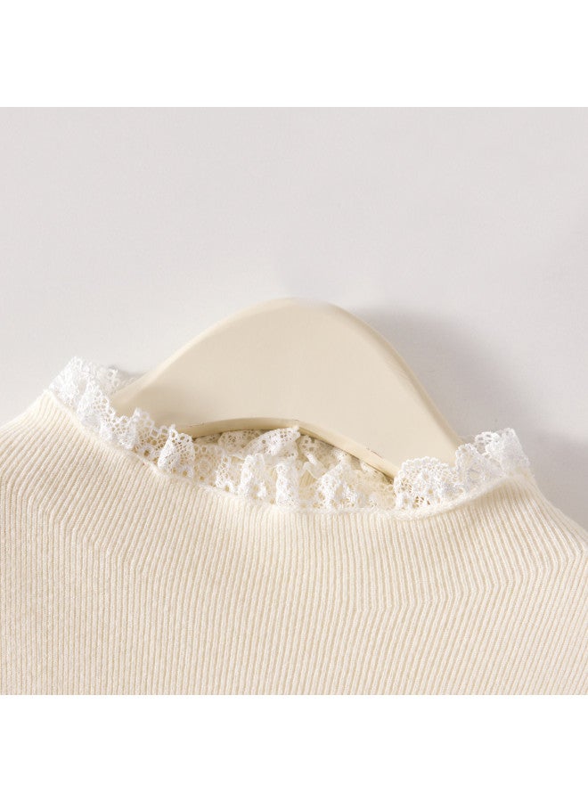 PLANDOO Lace Trimmed Half-High Neck Knitted Base Shirt Women'S Autumn Winter Sweet Layering Top - Image 4