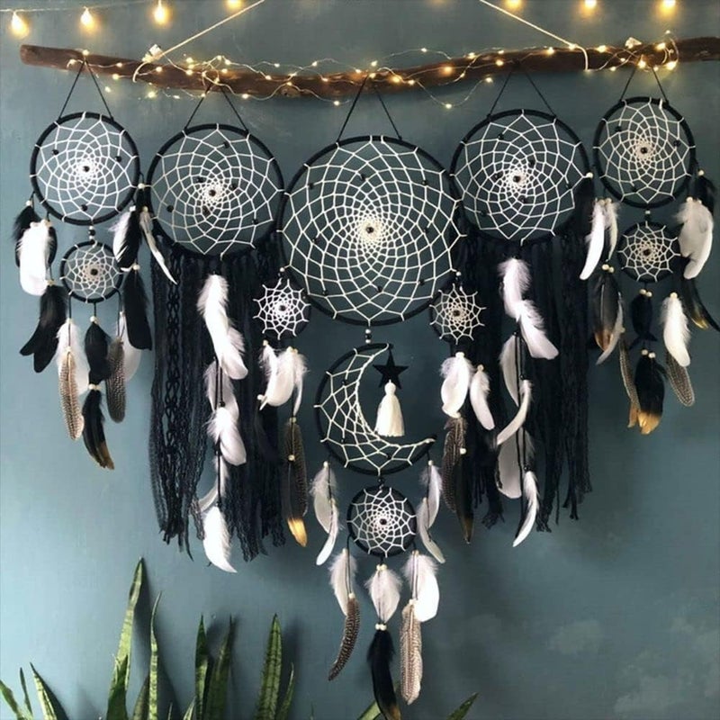 LODDIY Store Set of 5 Boho, Hanging Large Boho Dream Catcher Macrame Wall Hanging Moon Dream Catcher Set Dream Catchers Wall Decor for Vintage Wedding Home Decorations (Black) - Image 1