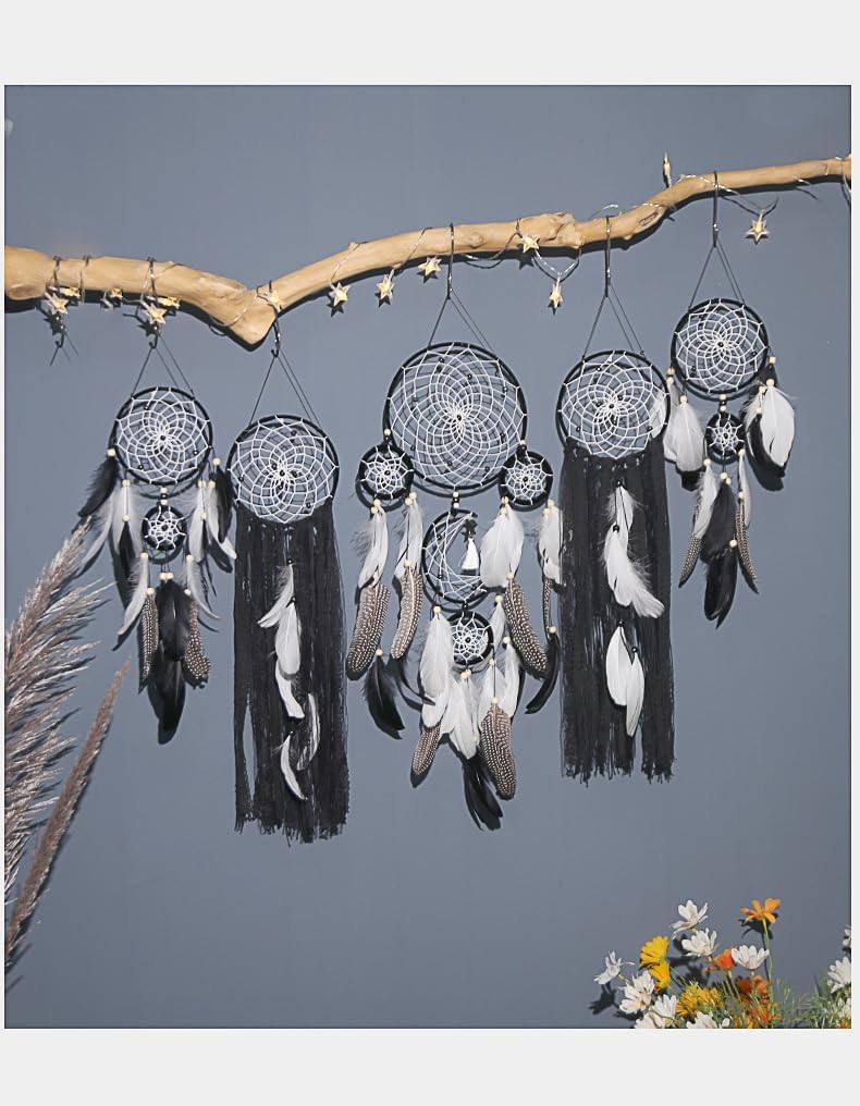 LODDIY Store Set of 5 Boho, Hanging Large Boho Dream Catcher Macrame Wall Hanging Moon Dream Catcher Set Dream Catchers Wall Decor for Vintage Wedding Home Decorations (Black) - Image 3