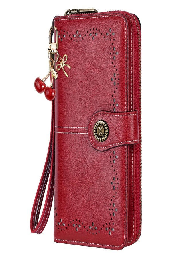 SIDESUGAR Red Wristlet Wallets for Women with Cherry Purse Charm Bifold PU Leather Womens Wallet Large Capacity Credit Card Holder Ladies Clutch with Zipper Pocket - Image 1