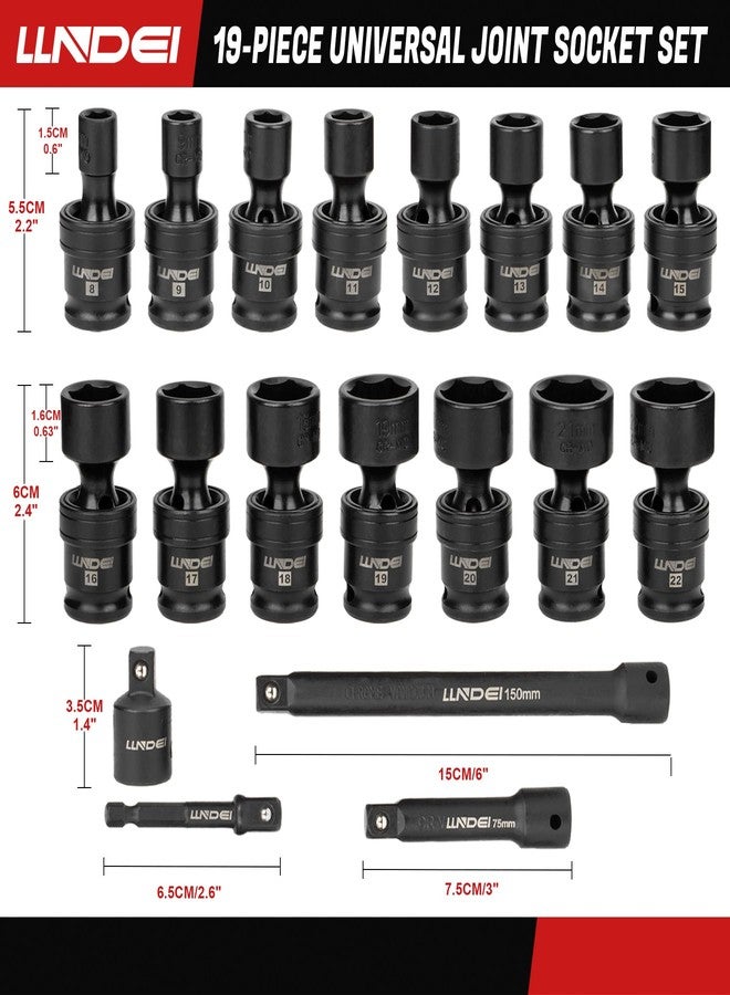 LLNDEI 3/8" Drive Universal Impact Socket Set, 19 Pieces CR-MO Swivel Socket Set, Metric(8-22mm) Wobble Sockets 6 Point with Extension Bars, Adapter and Black Organizer - Image 2