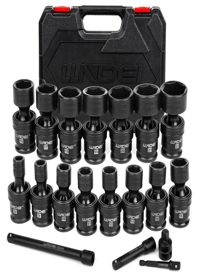 LLNDEI 3/8" Drive Universal Impact Socket Set, 19 Pieces CR-MO Swivel Socket Set, Metric(8-22mm) Wobble Sockets 6 Point with Extension Bars, Adapter and Black Organizer - Image 1