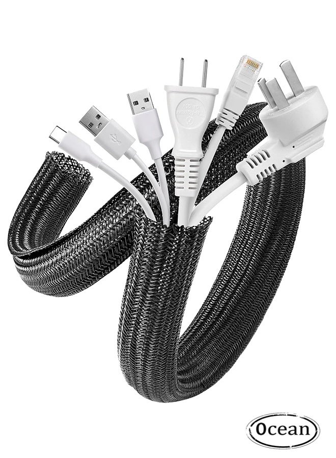 JS Adjustable 3m/9.84ft Braided Cable Sleeve, Wire Management Sleeve Hider for TV Desk PC Cable Wraps with Flame Retardancy Wires Organizer and Protector (Black)