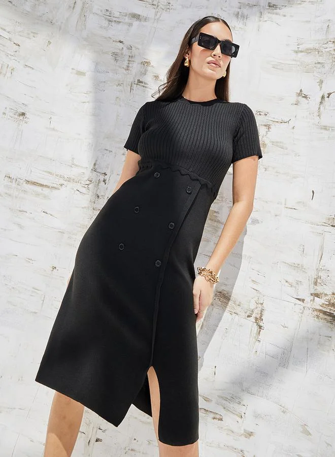 ستايلي Button Detail Ribbed Midi Dress with Front Split
