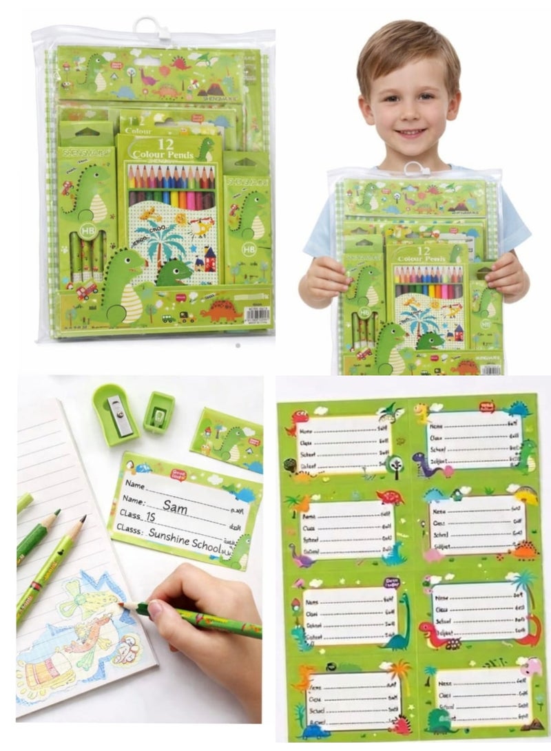 Green Banena Kids Stationery Set, Dinosaur Series, 12 Colour Pencils, HB Pencils, Drawing Book, Sharpeners, Erasers, Name Slips - Image 2