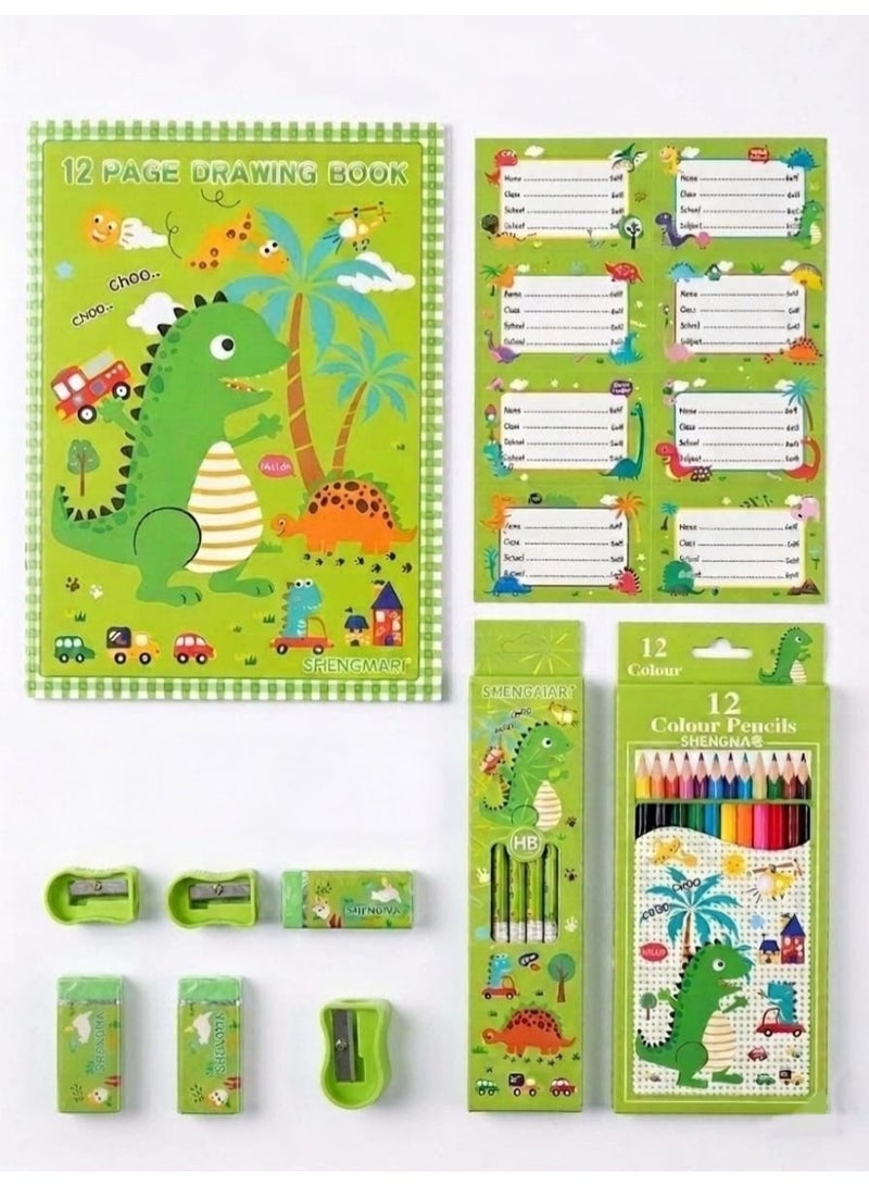 Green Banena Kids Stationery Set, Dinosaur Series, 12 Colour Pencils, HB Pencils, Drawing Book, Sharpeners, Erasers, Name Slips - Image 4