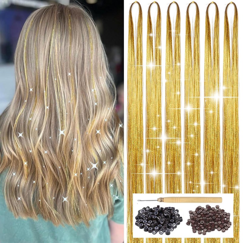 YOOONXI Gold Hair Tinsel Kit with Tool 6pcs 1200 Strands Glitter Tinsel Hair Extensions Heat Resistant Sparkling Shiny Fairy Hair Accessories for Women Girls Kids 47Inch