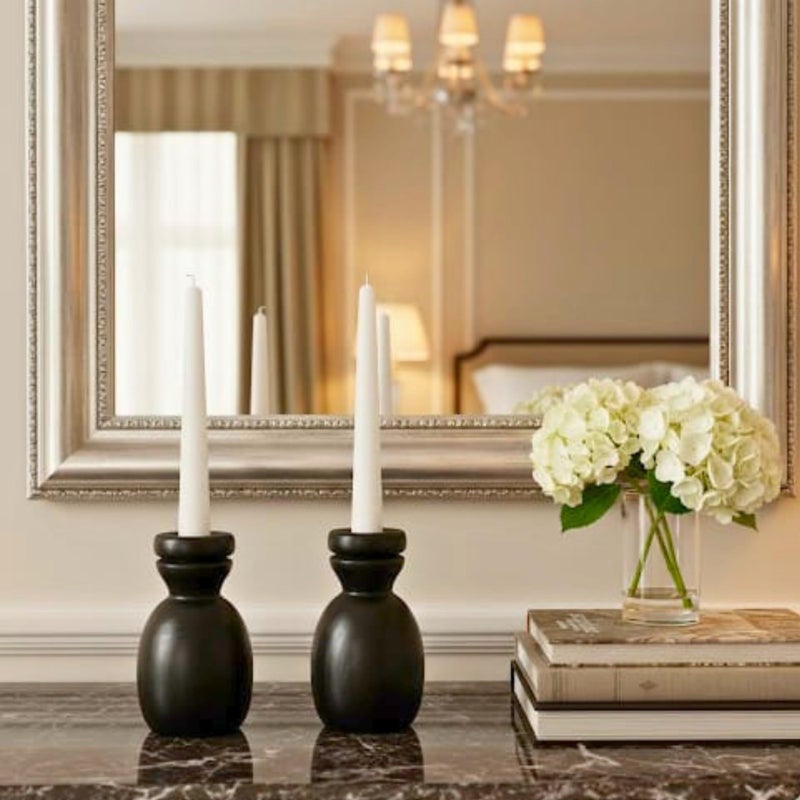 Small Artificial Marble Candle Holder Set of 2, Decorative Candle Holder Wooden Shape (Black) - Image 1