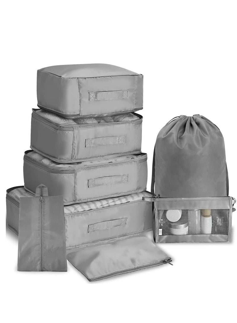 AARZOU Travel Organizer, 8Pcs, Grey - Waterproof Clothes Organizer with Makeup & Shoe Bag – Nylon Fabric Travel Bag - Durable Zipper, Lightweight & Tear-Resistant - Perfect for Travel (Grey) - Image 1