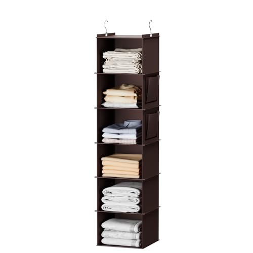 YOUDENOVA Hanging Closet Organizer, 6-Shelf Closet Hanging Storage Shelves, Brown - Image 1