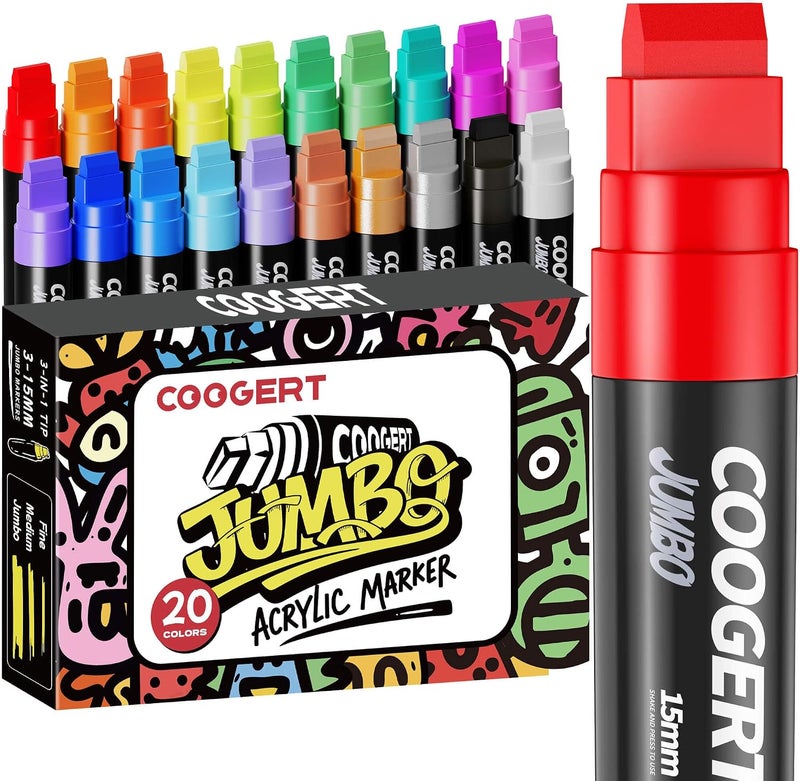 Coogert 20 Colors Jumbo Poster Markers, 15MM Thick Permanent Acrylic Graffiti Markers, Wide Tip Paint Marker for Canvas, Posters Board, Fabric, Window, Wood, Teachers,Banner painting supplies - Image 1