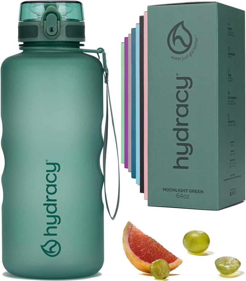 Hydracy Water Bottle with Time Marker -Large Half gallon 64oz BPA Free Bottle  No Sweat Sleeve -Leak Proof gym Bottle with Fruit Infuser Strainer  Times to Drink -Ideal gift for Sports  Outdoors