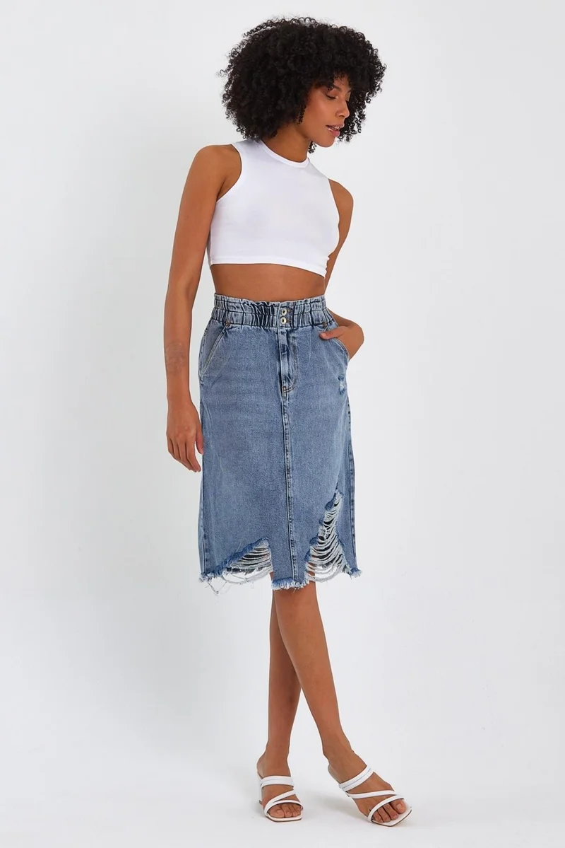 الكسندر جاردي Special Collection Long Ripped Detail Denim Skirt (AG-2009M)