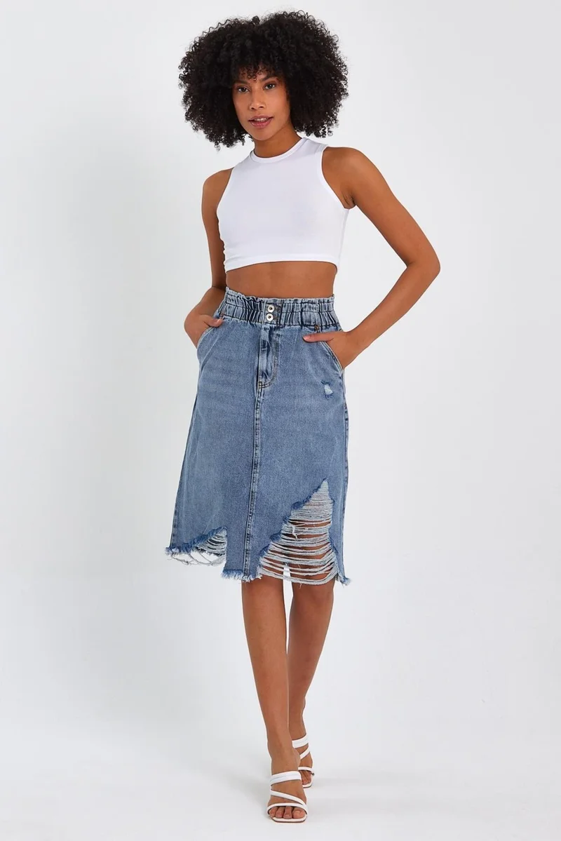 الكسندر جاردي Special Collection Long Ripped Detail Denim Skirt (AG-2009M)