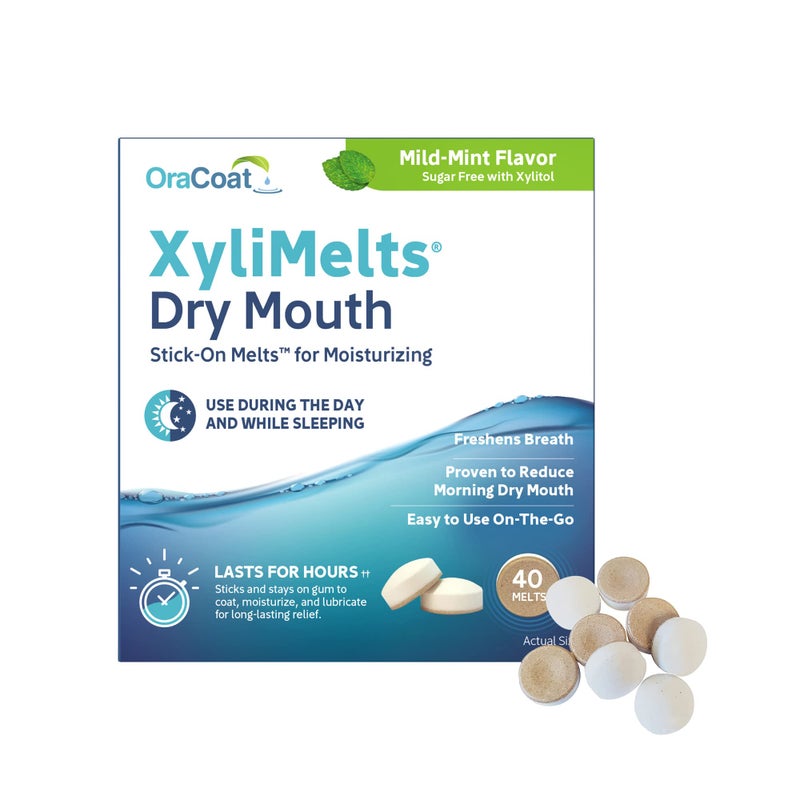 Oracoat XyliMelts for Dry Mouth Night Time or Day - Moisturizing Dry Mouth Adhering Discs, Sugar Free with Xylitol, 40 Count, Mild Mint Flavor, 8-Hour Relief - Image 1