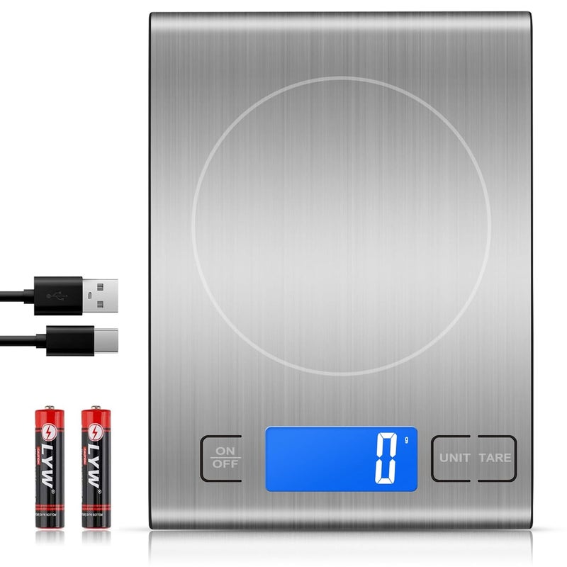 Diyife 15KG Rechargeable Food Scale, Digital Kitchen Scale with 3 Buttons, Weight Grams and Ounces for Baking, Cooking, 5 Units with Tare Function, LCD Display, 304 Stainless Steel, 2 AAA Batteries - Image 1