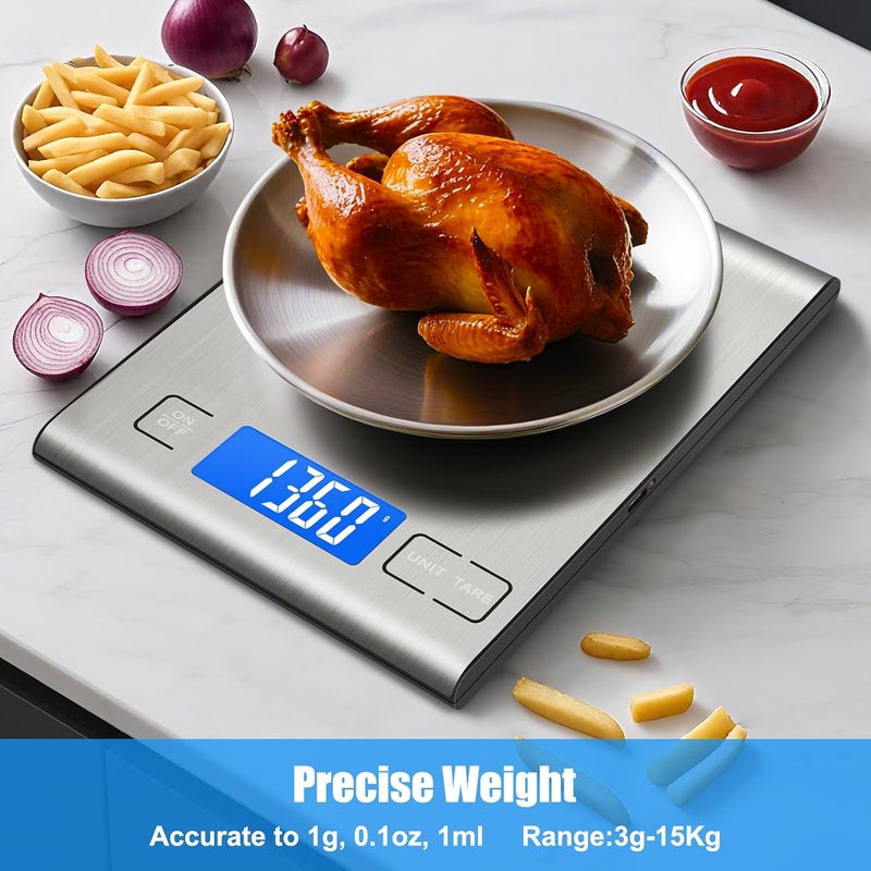Diyife 15KG Rechargeable Food Scale, Digital Kitchen Scale with 3 Buttons, Weight Grams and Ounces for Baking, Cooking, 5 Units with Tare Function, LCD Display, 304 Stainless Steel, 2 AAA Batteries - Image 4