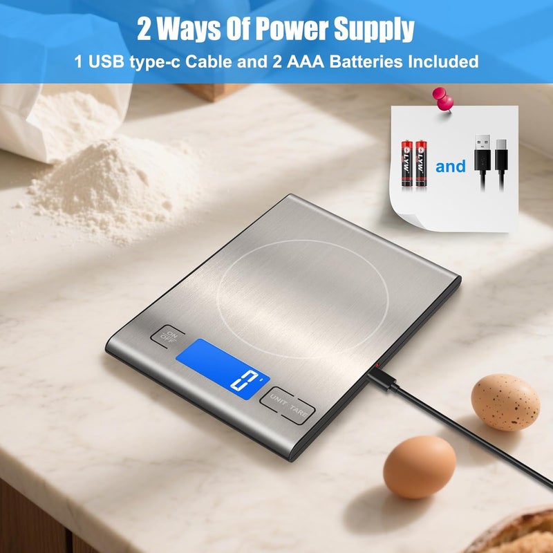 Diyife 15KG Rechargeable Food Scale, Digital Kitchen Scale with 3 Buttons, Weight Grams and Ounces for Baking, Cooking, 5 Units with Tare Function, LCD Display, 304 Stainless Steel, 2 AAA Batteries - Image 2