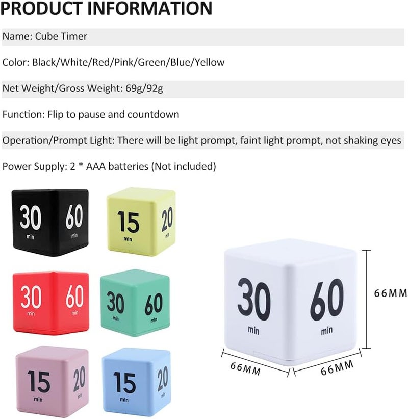 2.6 Inch Gravity Sensor Cube Timer with 15, 20, 30, and 60 Minute Countdown Settings - ABS Plastic Time Management Tool for Office Classrooms and Professional Environments (White) - Image 5