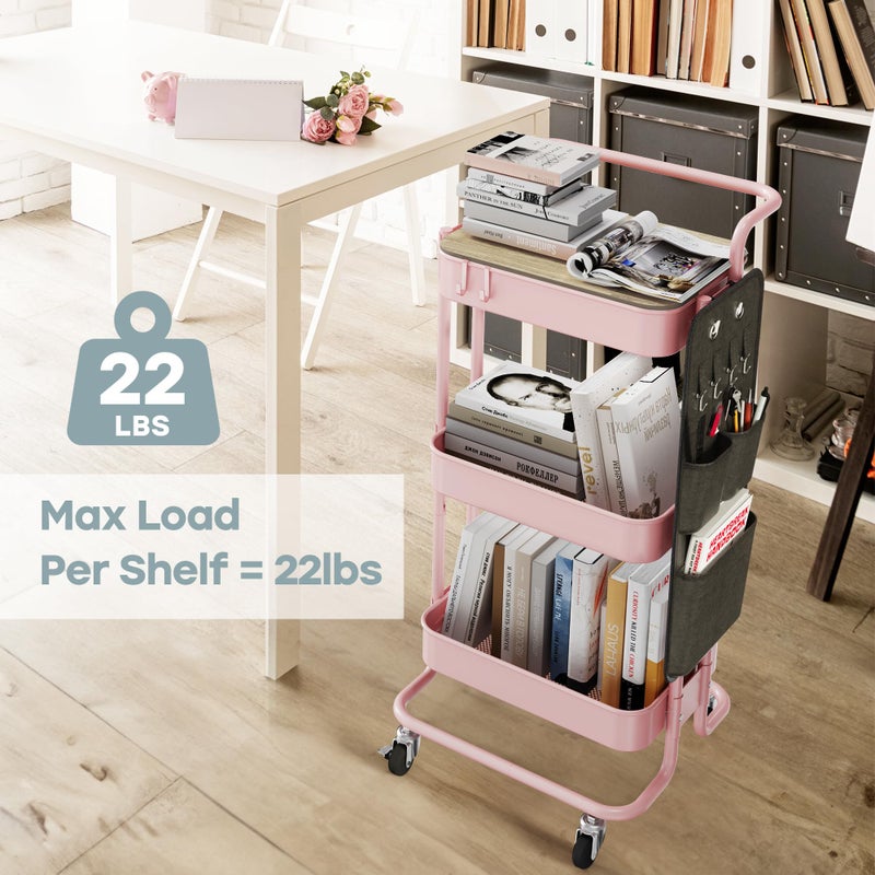 DTK 3-Tier Metal Utility Rolling Cart with Table Top and Side Bags, Art Craft Cart with 4 Hooks for Kitchen, Bathroom, Office, Living Room (Pink) - Image 3