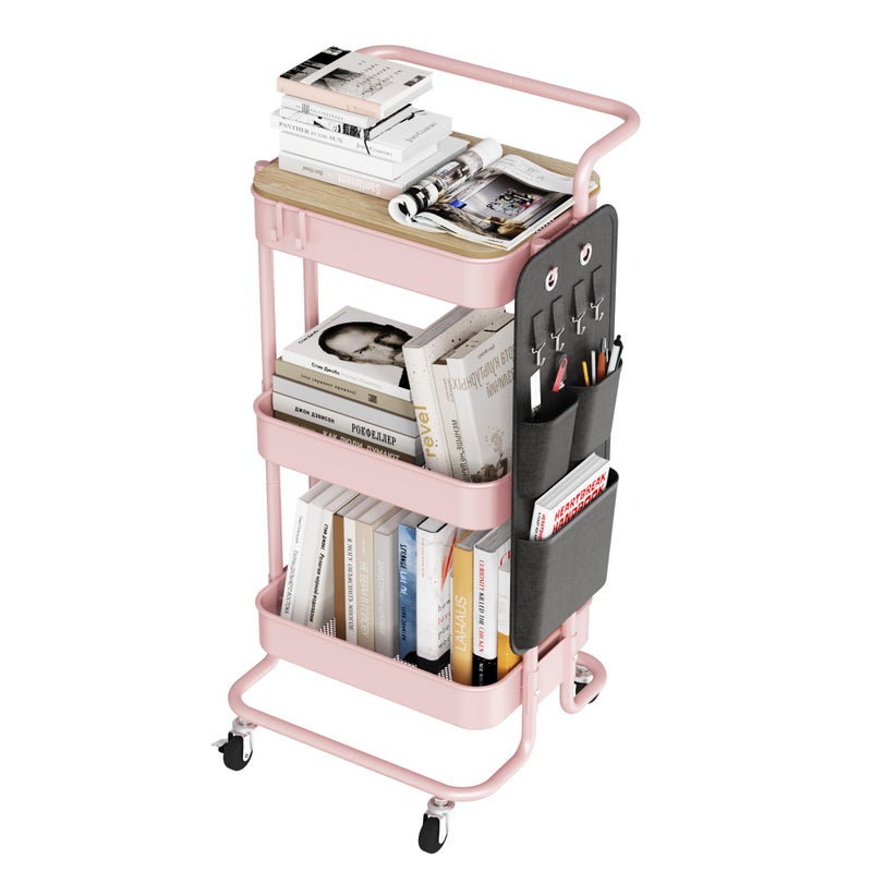 DTK 3-Tier Metal Utility Rolling Cart with Table Top and Side Bags, Art Craft Cart with 4 Hooks for Kitchen, Bathroom, Office, Living Room (Pink) - Image 1