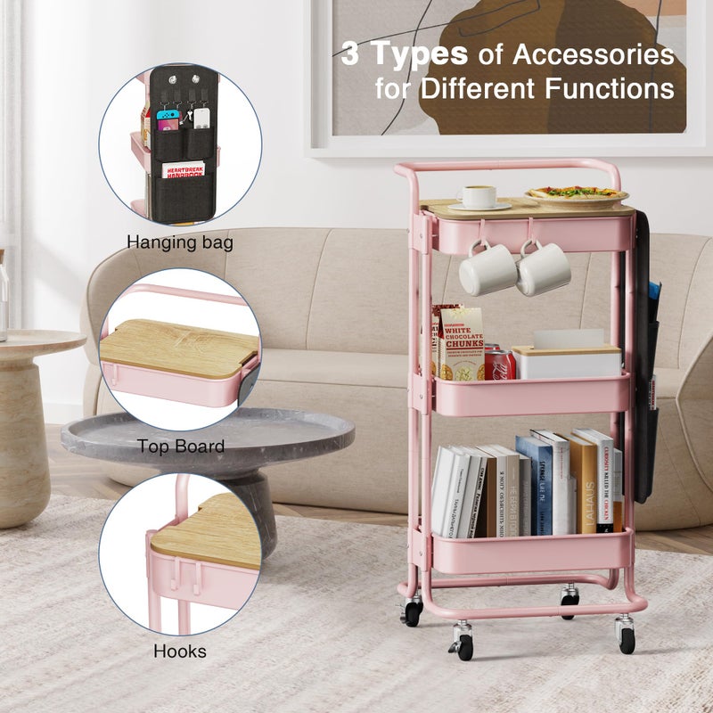 DTK 3-Tier Metal Utility Rolling Cart with Table Top and Side Bags, Art Craft Cart with 4 Hooks for Kitchen, Bathroom, Office, Living Room (Pink) - Image 5