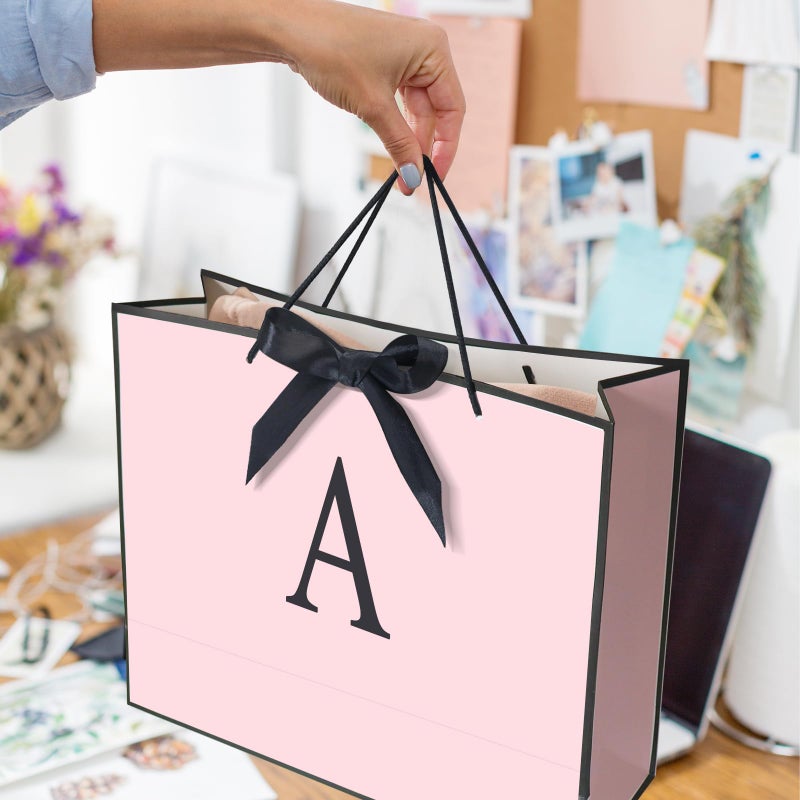 QLSKO Personalized Initial Paper Bag for Women Grils,Monogrammed Gift Bag with Bow Ribbon,Wrapping Tissue and Card Matching Envelope Sticker (Pink, C-Medium) - Image 5