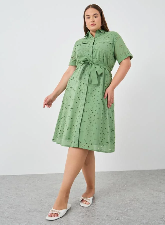 Styli Plus Size Broderie Anglaise Shirt Midi Dress