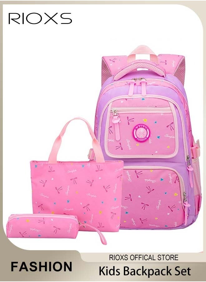 RIOXS - Girl Bowknot Printed Primary Junior High University School Bag Bookbag 3pcs Backpack Sets - Image 1