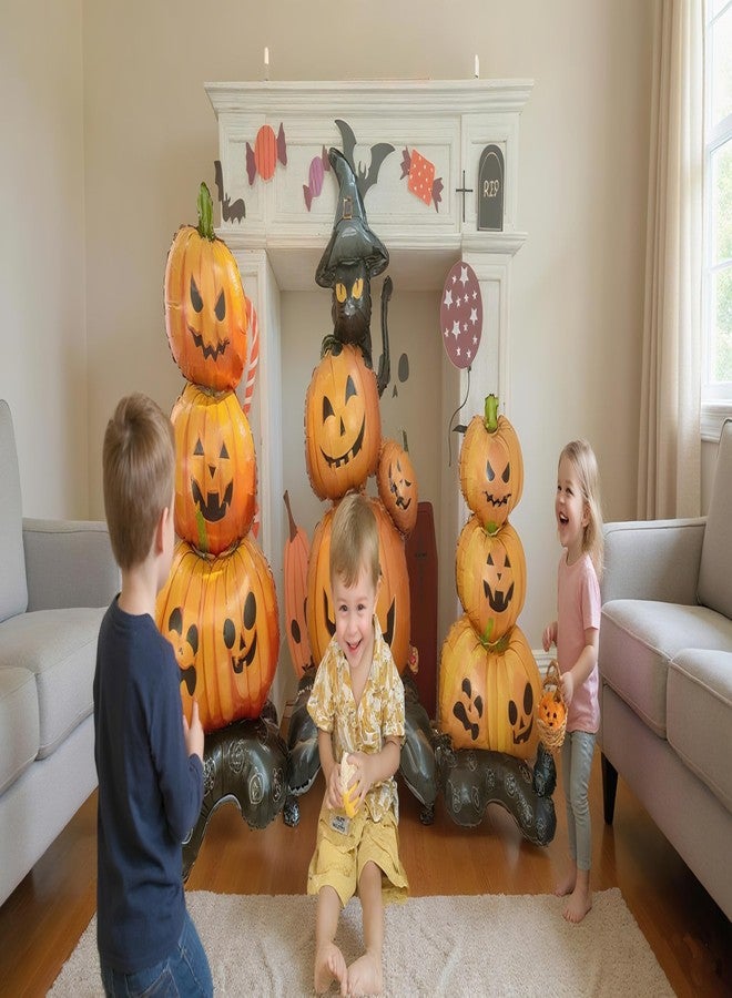 Eanjia Halloween Pumpkin Balloons Set |3.3FT| Pack of 3 Standing Stacked Jack-O-Lantern Foil Balloons, Pumpkin Pile with Black Cat | Helium Free Kids Party Decorations Photo Props - Image 2