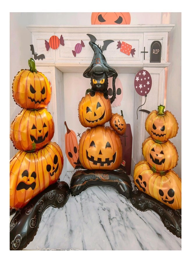 Eanjia Halloween Pumpkin Balloons Set |3.3FT| Pack of 3 Standing Stacked Jack-O-Lantern Foil Balloons, Pumpkin Pile with Black Cat | Helium Free Kids Party Decorations Photo Props - Image 1