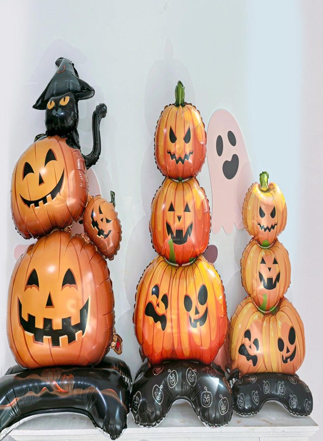 Eanjia Halloween Pumpkin Balloons Set |3.3FT| Pack of 3 Standing Stacked Jack-O-Lantern Foil Balloons, Pumpkin Pile with Black Cat | Helium Free Kids Party Decorations Photo Props - Image 5