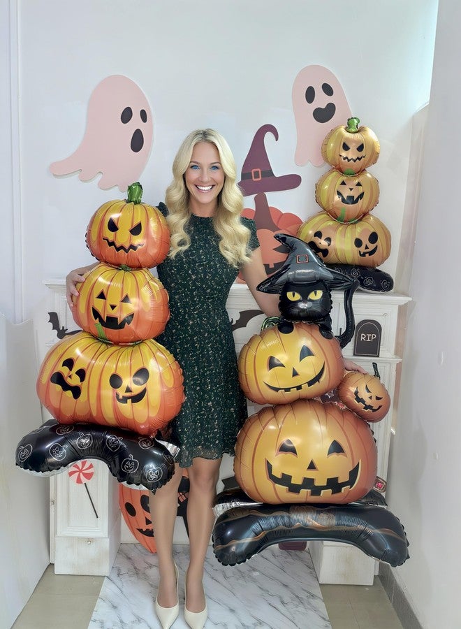 Eanjia Halloween Pumpkin Balloons Set |3.3FT| Pack of 3 Standing Stacked Jack-O-Lantern Foil Balloons, Pumpkin Pile with Black Cat | Helium Free Kids Party Decorations Photo Props - Image 3
