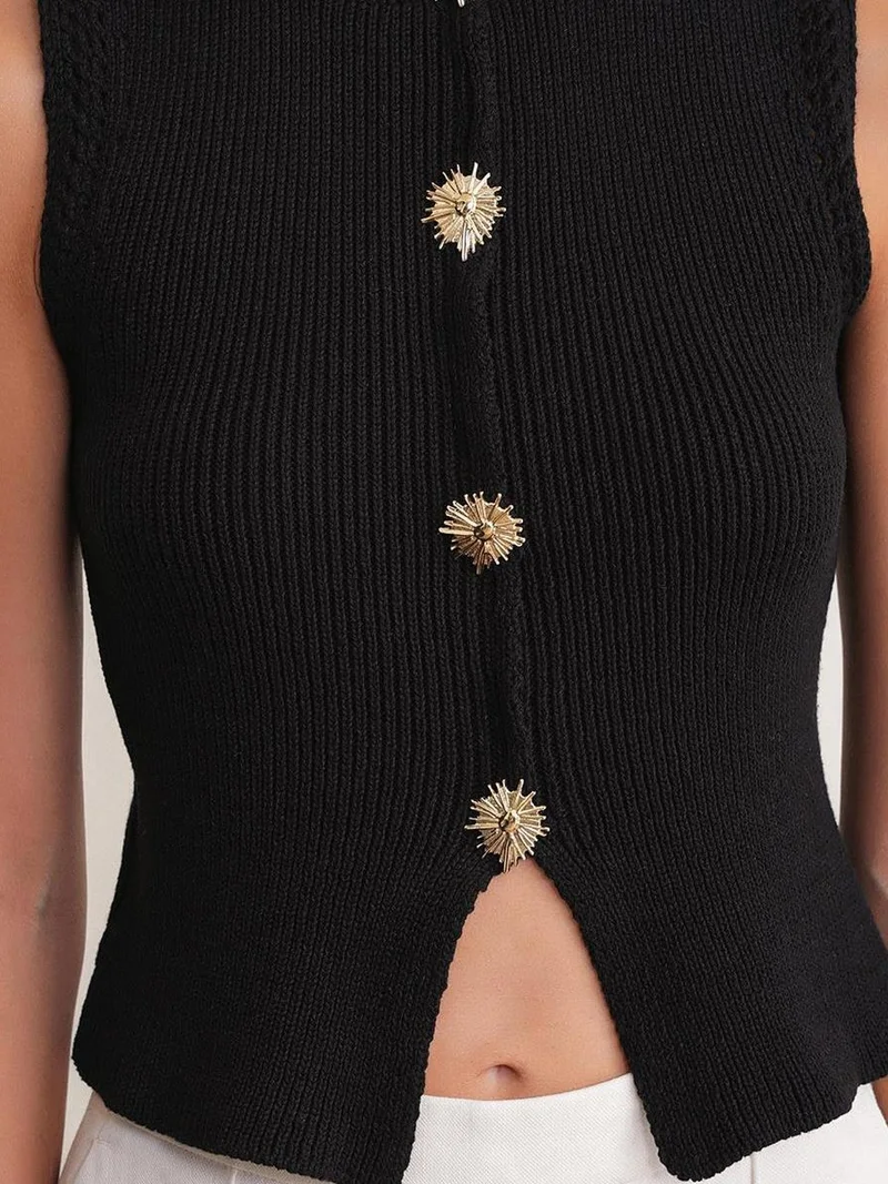 MixRay Black Mixray Textured Knit Crop Top with Button Details for Women | Best Price UAE