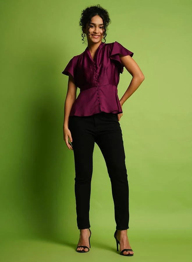 globus Globus Solid V-Neck Flutter Sleeves Peplum Top