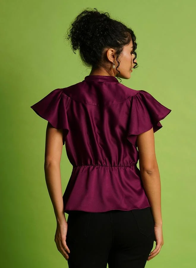 globus Globus Solid V-Neck Flutter Sleeves Peplum Top