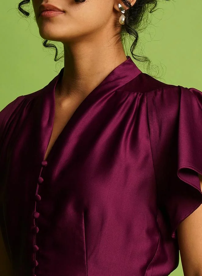 globus Globus Solid V-Neck Flutter Sleeves Peplum Top