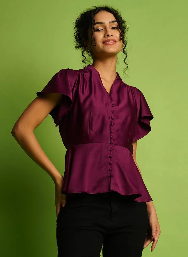 globus Globus Solid V-Neck Flutter Sleeves Peplum Top