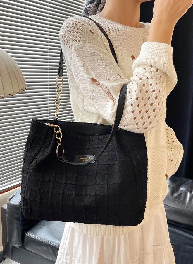 Black Textured Shoulder Bag with Gold Chain Detail