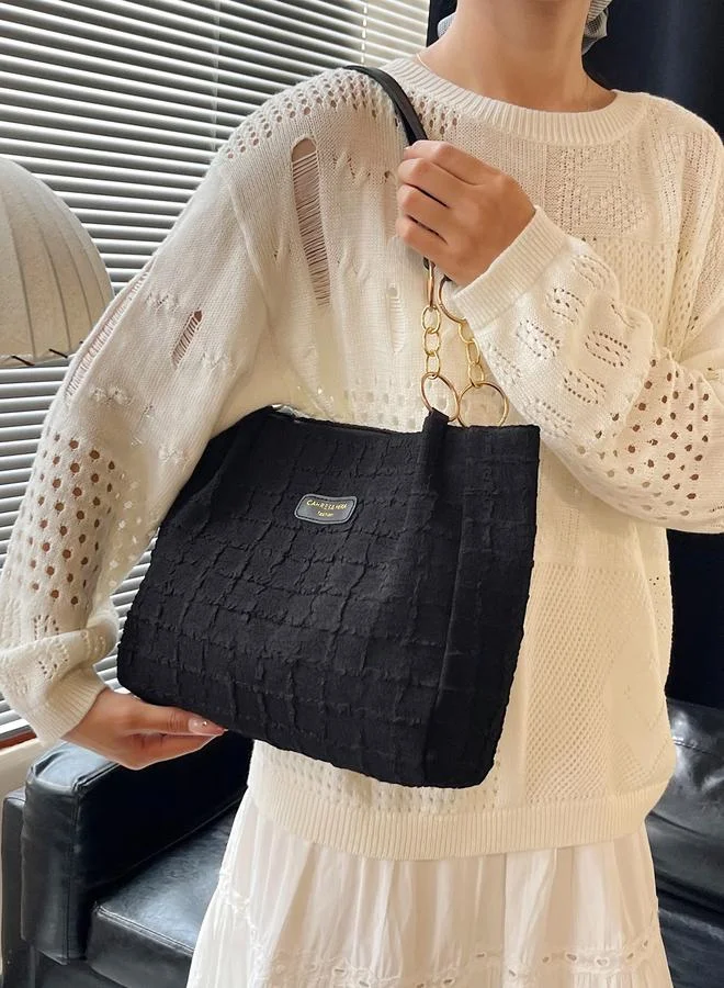 Take Two Black Textured Shoulder Bag with Gold Chain Detail