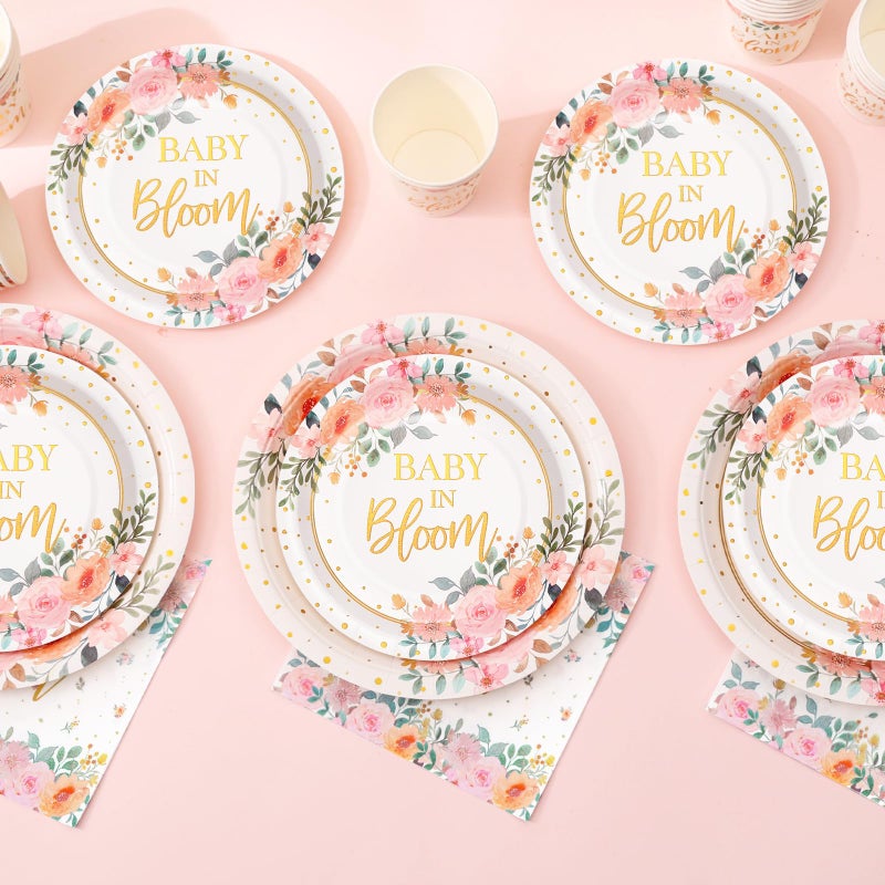 Gudvilla 169 Pcs Baby in Bloom Baby Shower Decorations for Girl , Its a Girl Baby Shower Plates and Cups and Napkins Sets, Pink Floral Plates Serves 24, Spring Summer - Image 5