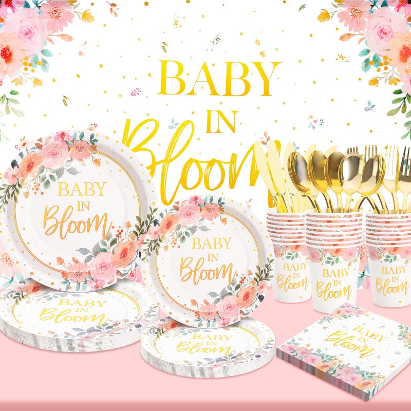 Gudvilla 169 Pcs Baby in Bloom Baby Shower Decorations for Girl , Its a Girl Baby Shower Plates and Cups and Napkins Sets, Pink Floral Plates Serves 24, Spring Summer - Image 1