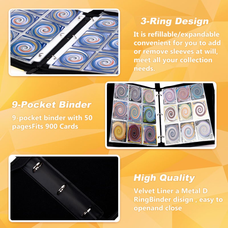Jravkfi 9 Pocket Trading Card Binder,900 Pockets Trading Card Collection Book with Sleevese,3-ring Zipper Sports Card Album with 50 Removable Double-Sided Card Holder (Black) - Image 5