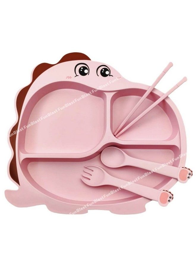 FunBlast Bamboo Fiber Feeding Set For Kids Cartoon Design Children Tableware Set Utensils And Dishes Includes Plate Spoon Fork And Chopsticks Plates For Kids Tableware Cutlery (Pink) - Image 2