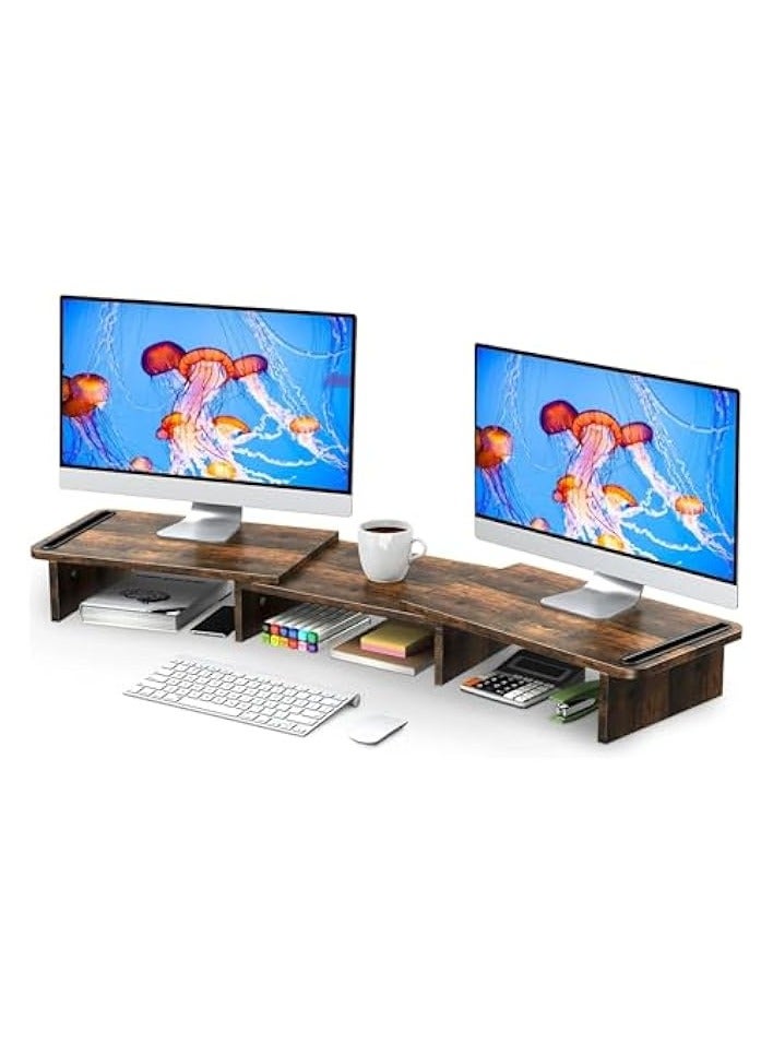 erorex Dual Monitor Stand, Monitor Stands Riser for 2 Monitors,with Adjustable Length and Angle Shelf with Storage Organizer for Office Desk Accessories (Rust Brown) - Image 1