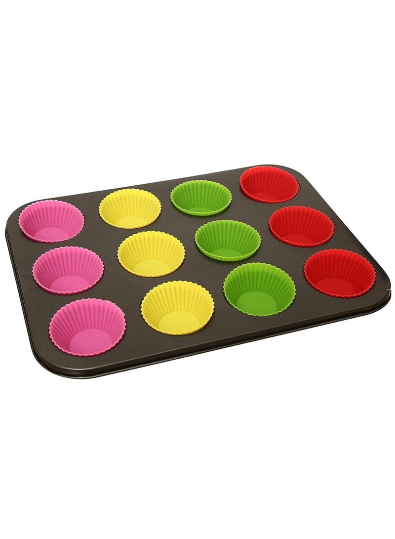 "صينية قوالب كب كيك  تيفال مستطيلة مجوفة  مع 12 قالب سيليكون مدور مقاوم للالتصاق وقابل لاعادة الاستخدام مناسب لصنع الكاب كيك، المافن، الفطائر والبراونيزو أنجلش كيك والمعمول و التشيز كيك و الخبز و البودينج آمن للاستخدام في الفرن وغسالة الأطباق - اداة طبخ اساسية للحصول علي مافن مثالي تاني صنية الكب كيك مع 12 قالب سيليكوني متعددة اللوان (ليس للون ثابت كما في الصورة ) - Image 1